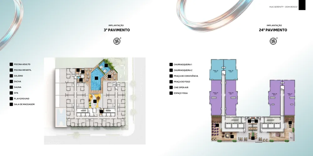 Lazer e rooftop do Hug Serenity Dom Bosco — Piscinas, sauna, spa, playground e churrasqueiras