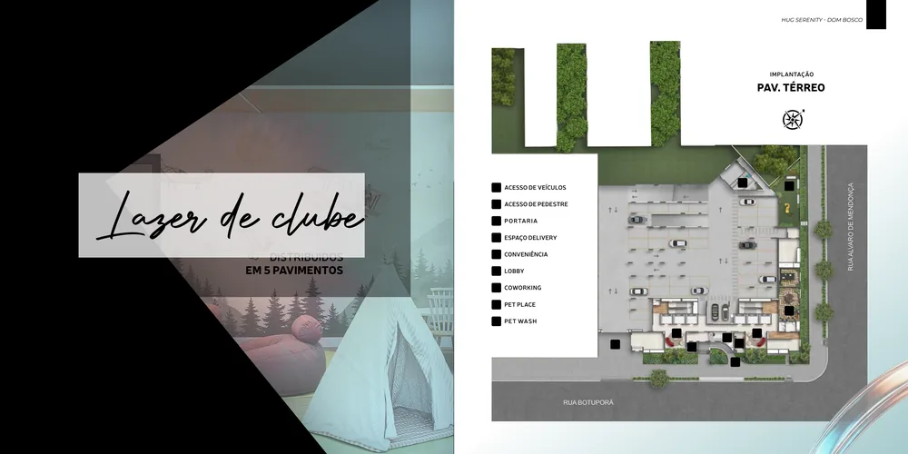 Térreo do Hug Serenity Dom Bosco — Portaria, lobby, coworking, delivery e pets