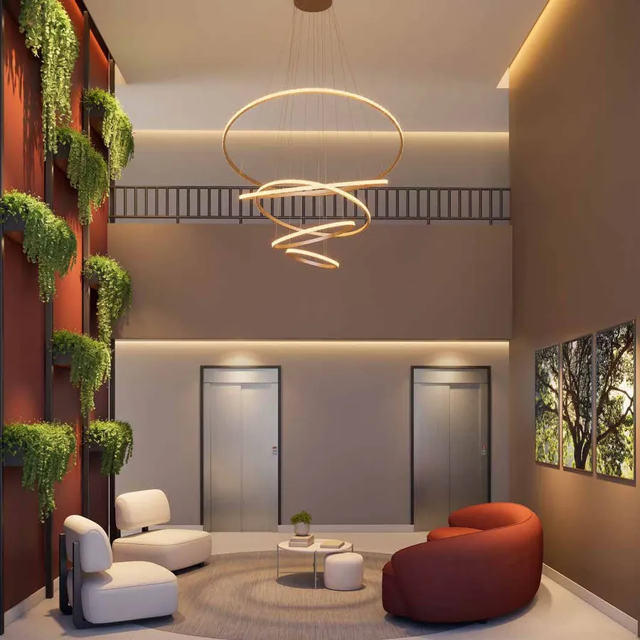 Perspectiva ilustrada — Lobby do Hug Serenity Dom Bosco, em Itaquera