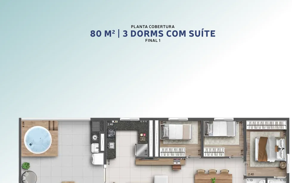 Planta ilustrativa de 80 m², 3 dorms com suíte · cobertura · final 01, do Hug Serenity Dom Bosco