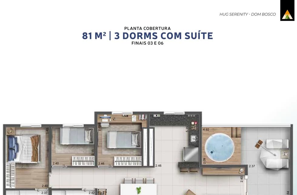Planta ilustrativa de 81 m², 3 dorms com suíte · cobertura · finais 03 e 06, do Hug Serenity Dom Bosco