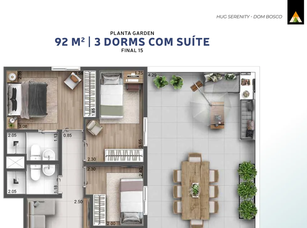 Planta ilustrativa de 92 m², 3 dorms com suíte · garden · final 15, do Hug Serenity Dom Bosco