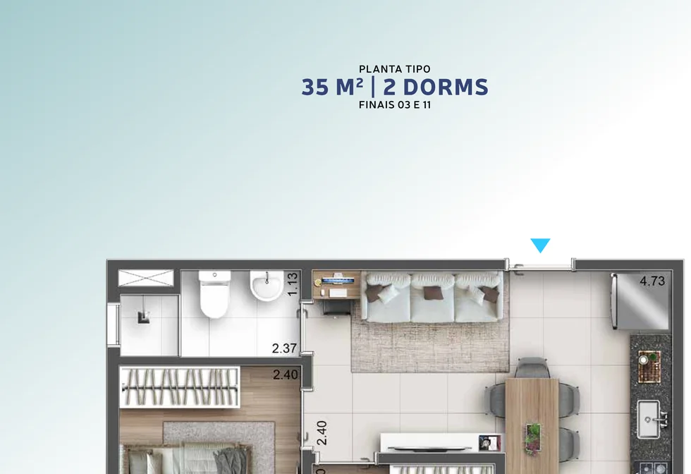 Planta ilustrativa de 35 m², 2 dorms · finais 03 e 11, do Hug Serenity Dom Bosco