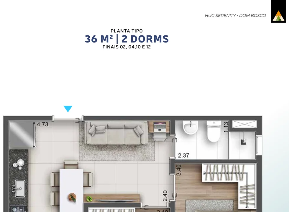 Planta ilustrativa de 36 m², 2 dorms · finais 02, 04, 10 e 12, do Hug Serenity Dom Bosco