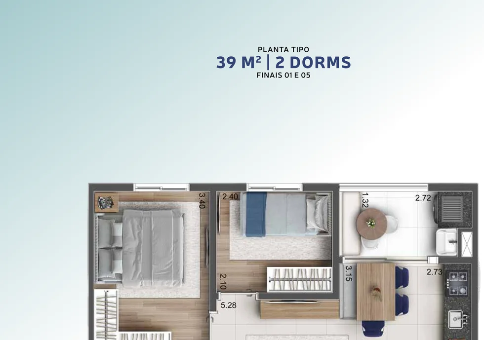 Planta ilustrativa de 39 m², 2 dorms · finais 01 e 05, do Hug Serenity Dom Bosco