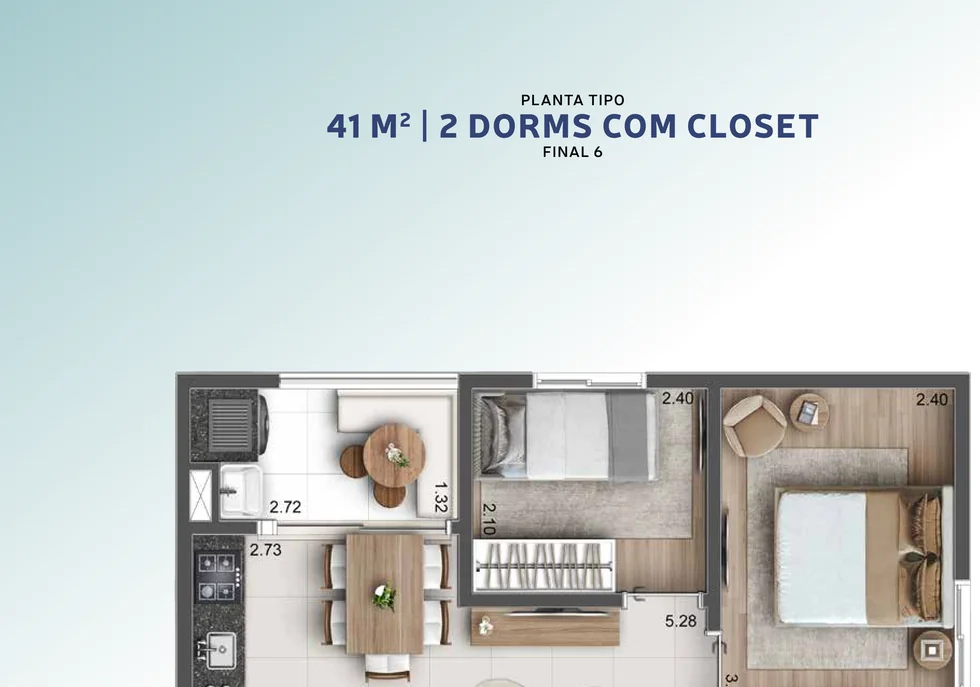Planta ilustrativa de 41 m², 2 dorms com closet · final 06, do Hug Serenity Dom Bosco