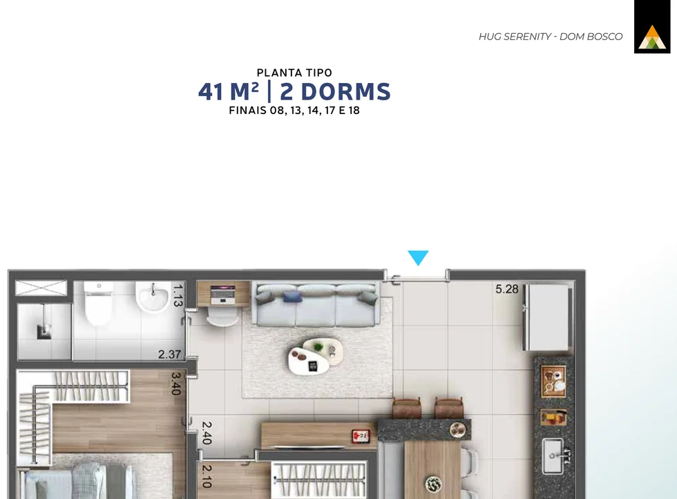 Planta ilustrativa de 41 m², 2 dorms · finais 08, 13, 14, 17 e 18, do Hug Serenity Dom Bosco