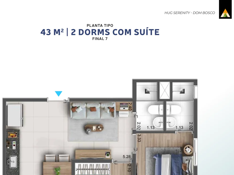 Planta ilustrativa de 43 m², 2 dorms com suíte · final 07, do Hug Serenity Dom Bosco