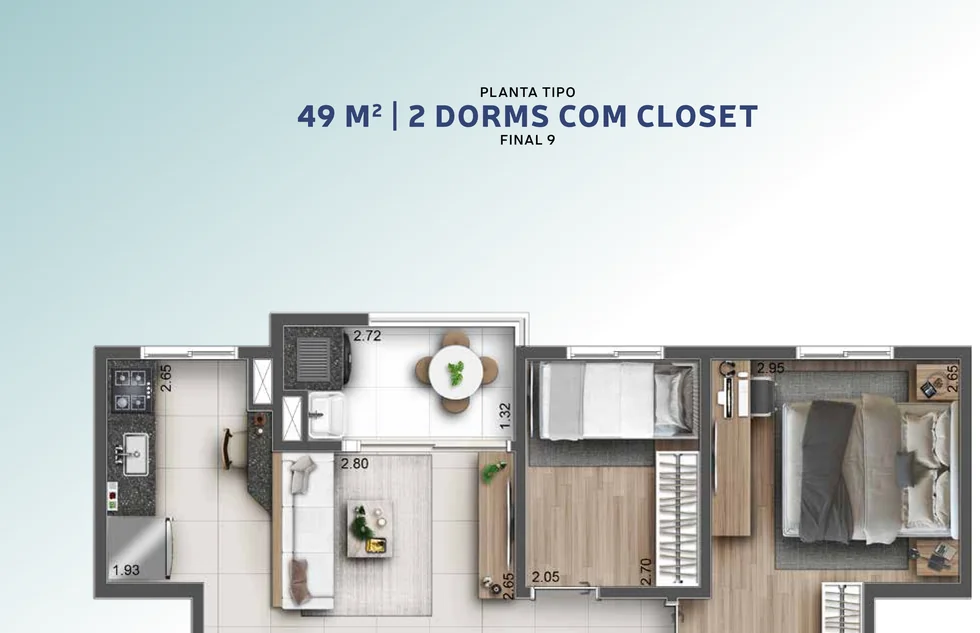 Planta ilustrativa de 49 m², 2 dorms com closet · final 09, do Hug Serenity Dom Bosco