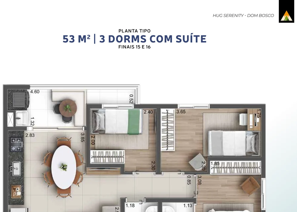 Planta ilustrativa de 53 m², 3 dorms com suíte · finais 15 e 16, do Hug Serenity Dom Bosco