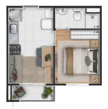 Planta do apartamento de 25 m2 com 1 suite e varanda do Elev Anhaia Mello