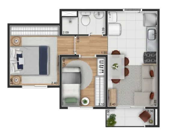 Planta do apartamento de 34 m2 com 2 dormitorios e varanda do Elev Anhaia Mello