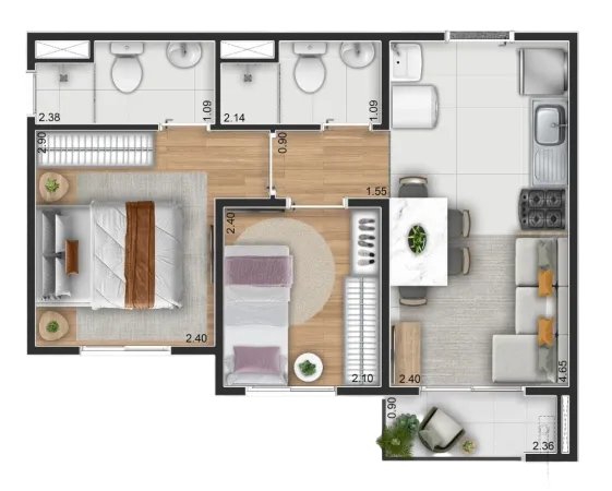 Planta do apartamento de 37 m2 com 2 dormitorios, suite e varanda do Elev Anhaia Mello
