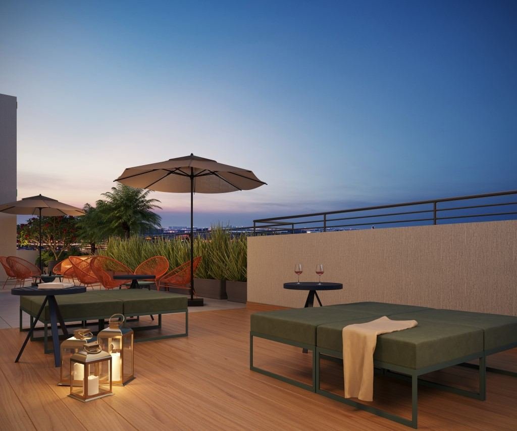 Lounge externo no rooftop do Essência Ipiranga — perspectiva ilustrativa