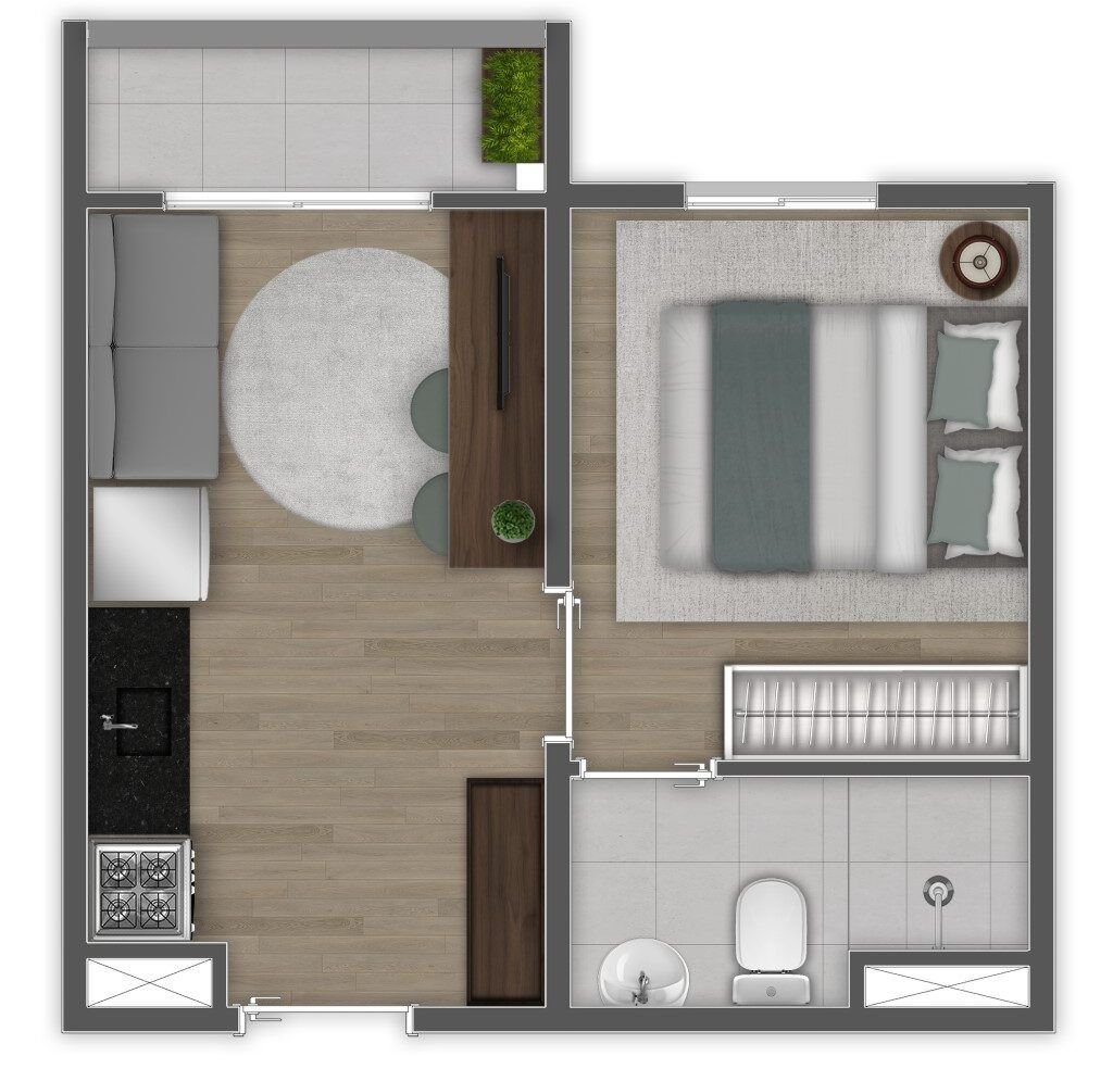 Planta de 1 dormitório com varanda do Essência Ipiranga — perspectiva ilustrativa