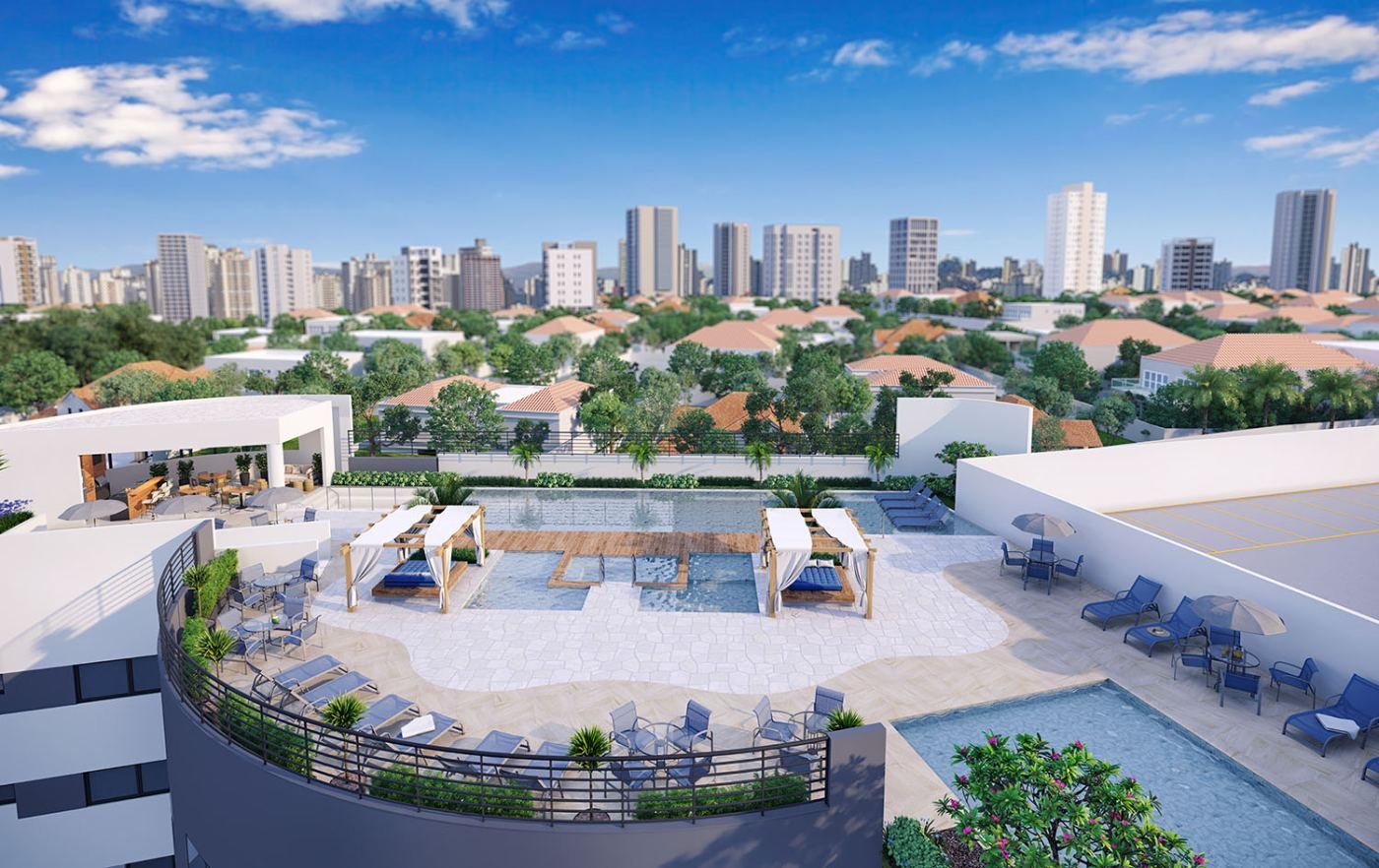 Piscinas e solarium do Graal Parque Home Resort, em Itaquera — perspectiva ilustrativa
