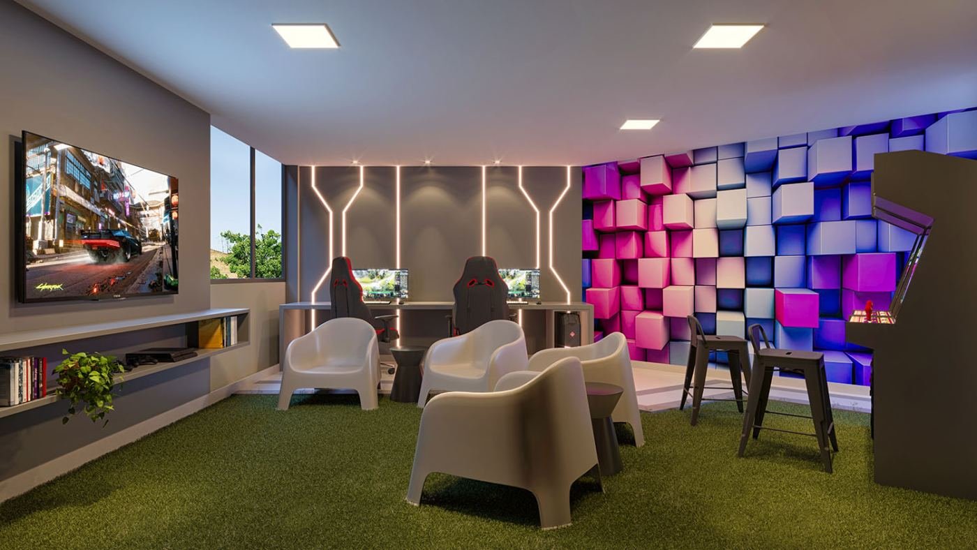 Espaço gamer do Graal Parque Home Resort, em Itaquera — perspectiva ilustrativa