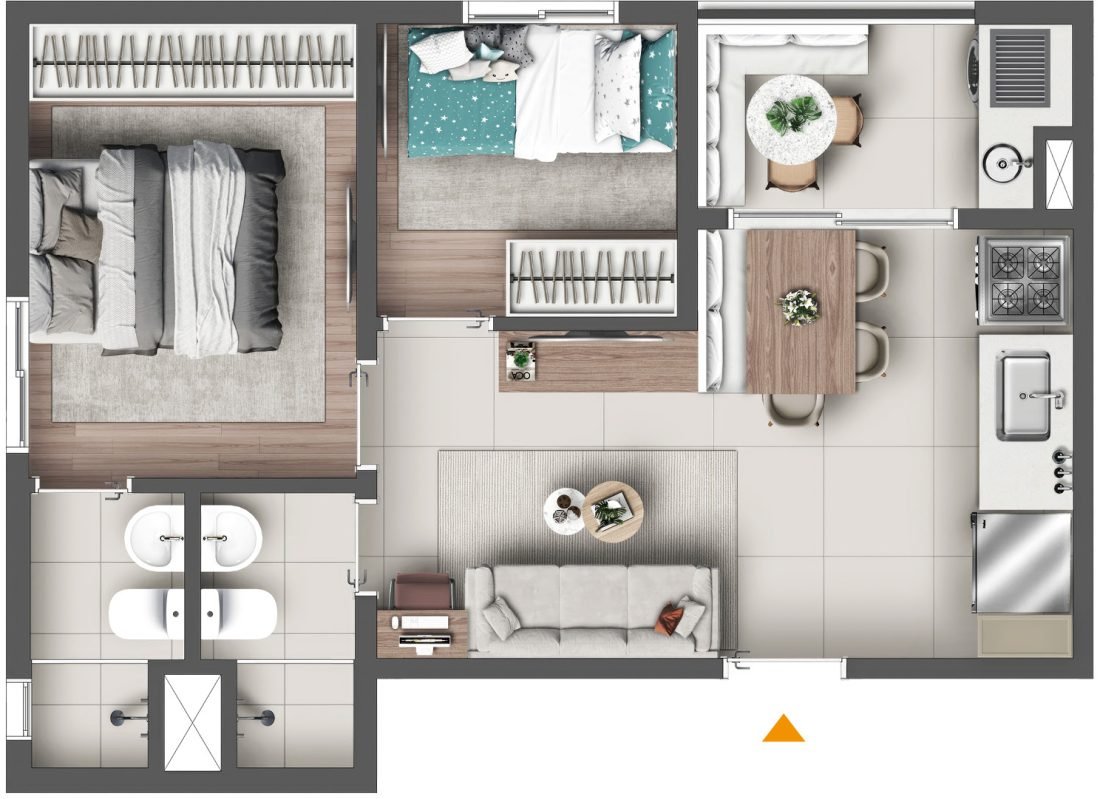 Planta de 40 m² do Graal Parque Home Resort, em Itaquera — tipo · 2 dormitórios com suíte — perspectiva ilustrativa