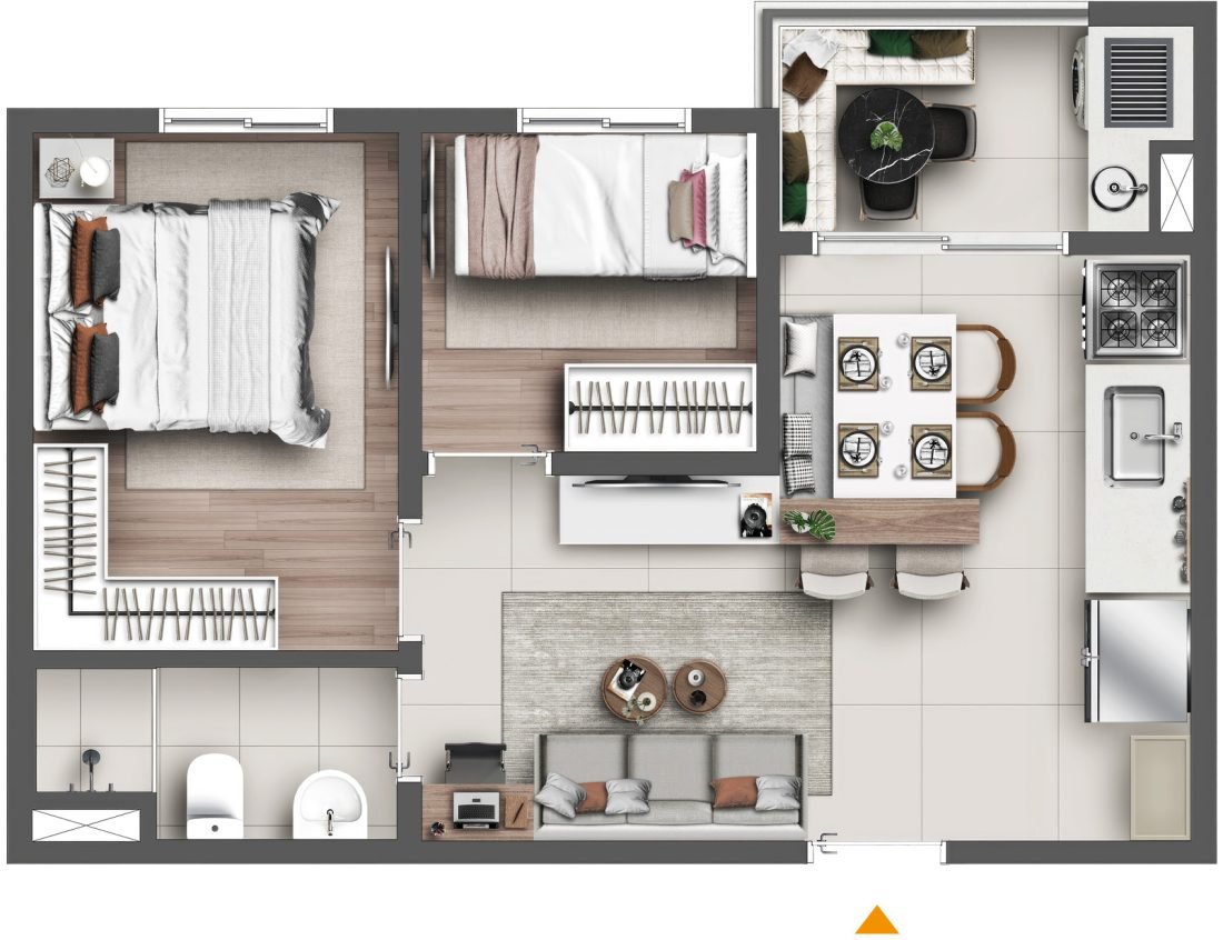 Planta de 40 m² do Graal Parque Home Resort, em Itaquera — tipo · 2 dormitórios — perspectiva ilustrativa