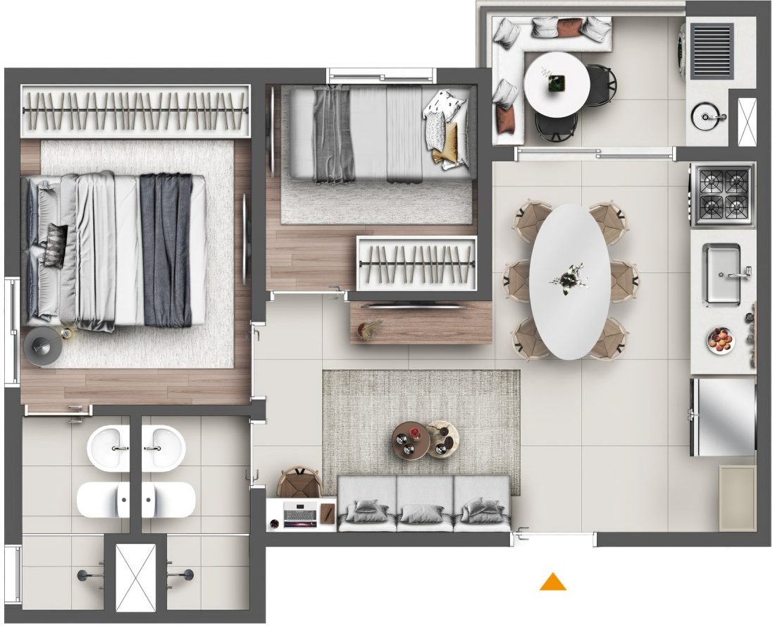 Planta de 42 m² do Graal Parque Home Resort, em Itaquera — tipo · 2 dormitórios com suíte — perspectiva ilustrativa