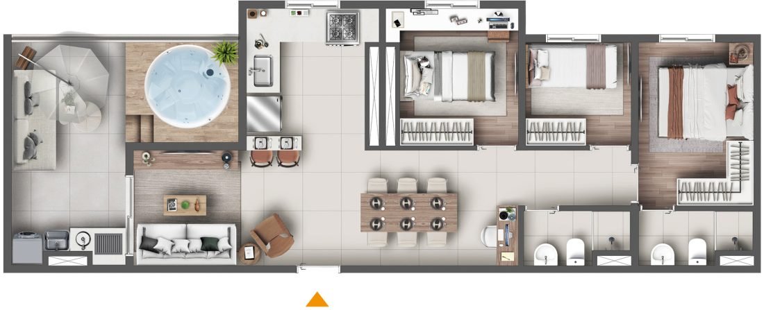 Planta de 79 m² do Graal Parque Home Resort, em Itaquera — cobertura · com suíte — perspectiva ilustrativa