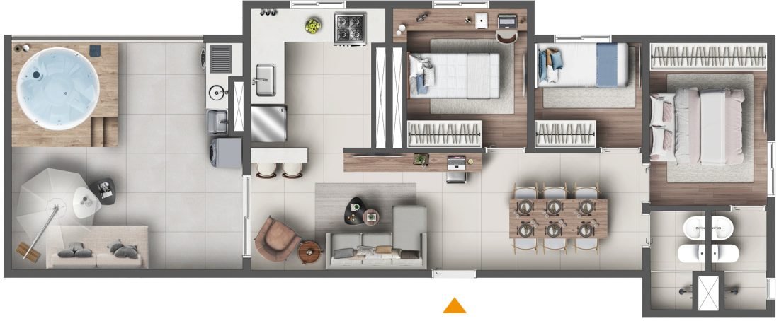 Planta de 82 m² do Graal Parque Home Resort, em Itaquera — cobertura · com suíte — perspectiva ilustrativa