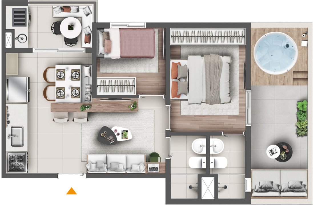 Planta de 53 m² do Graal Parque Home Resort, em Itaquera — garden · com suíte — perspectiva ilustrativa