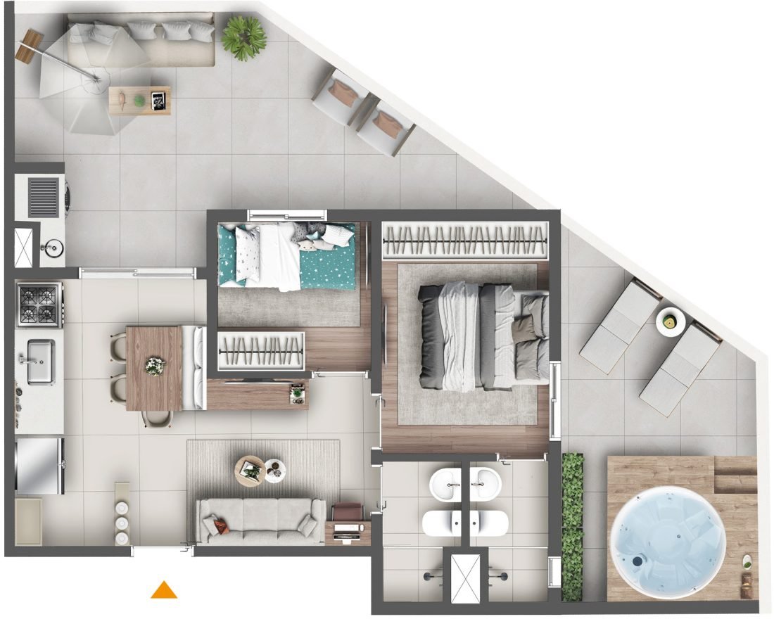 Planta de 71 m² do Graal Parque Home Resort, em Itaquera — garden · com suíte — perspectiva ilustrativa