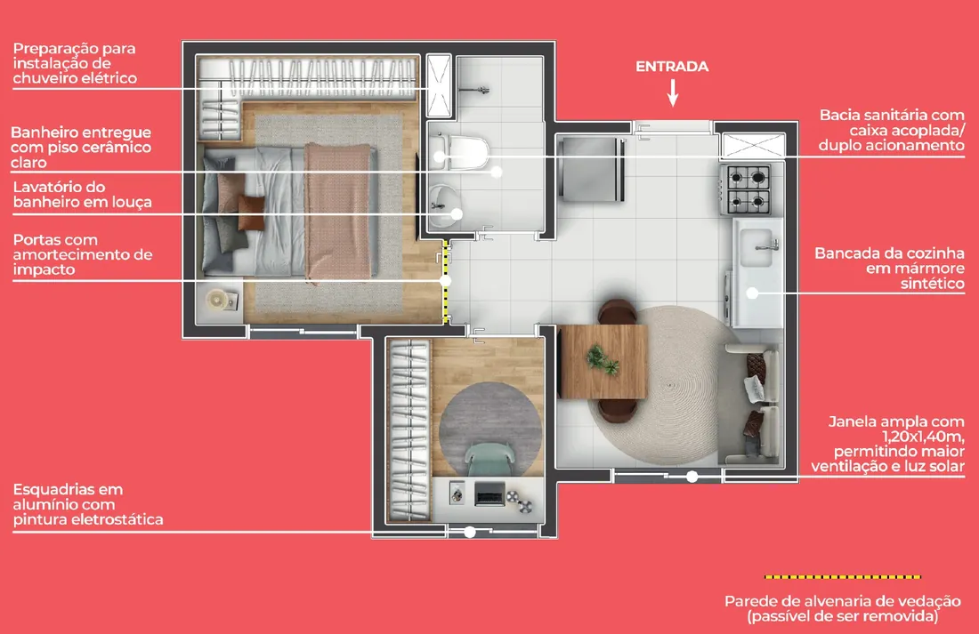 Planta 1 dorm + office de 26,65 m² e 26,97 m² do Longitude Estação Dom Bosco em Itaquera, sugestão de decoração