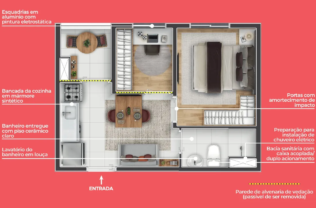 Planta 1 dorm + office de 27,32 m² a 27,83 m² do Longitude Estação Dom Bosco em Itaquera, sugestão de decoração