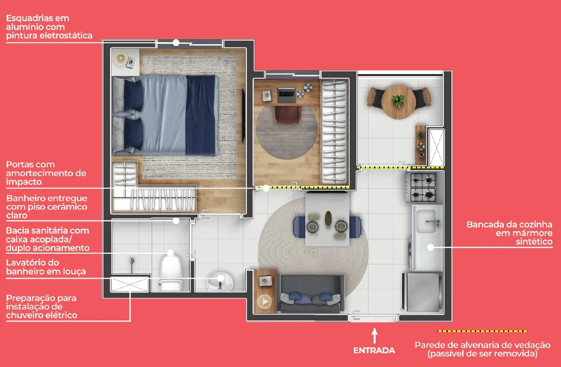 Planta 1 dorm + office de 27,92 m² e 28,08 m² do Longitude Estação Dom Bosco em Itaquera, sugestão de decoração