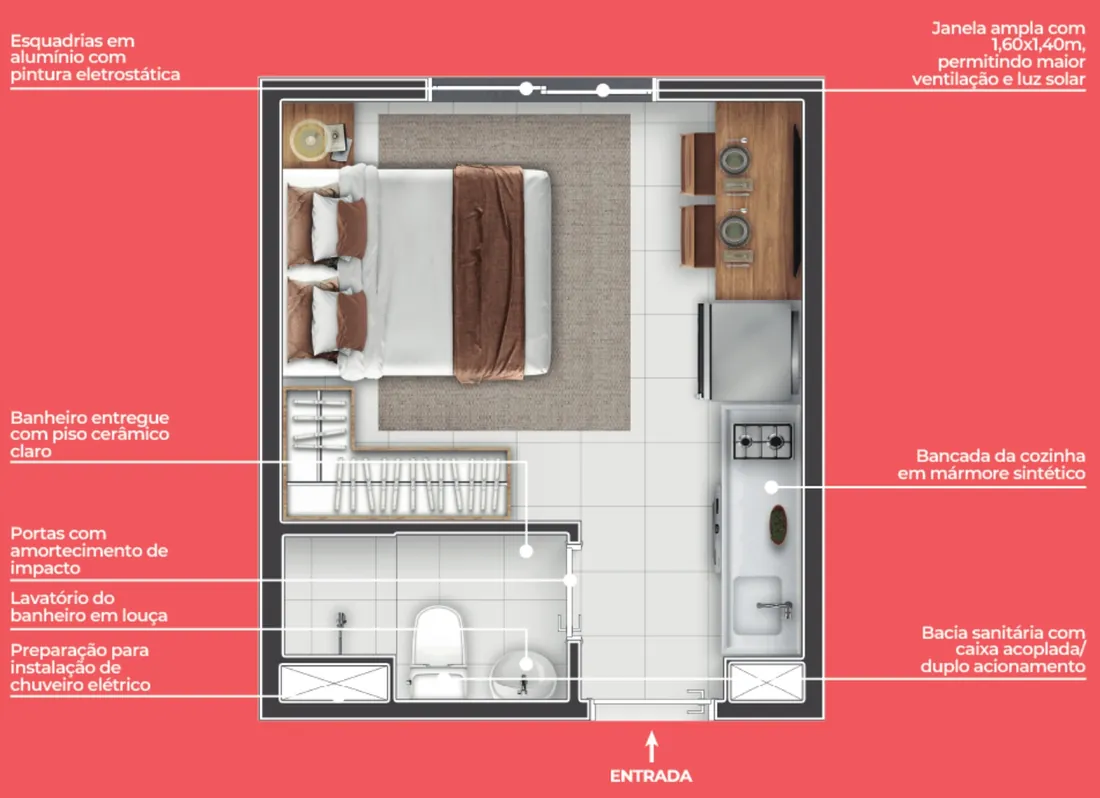 Planta Studio de 17,15 m² e 17,45 m² do Longitude Estação Dom Bosco em Itaquera, sugestão de decoração