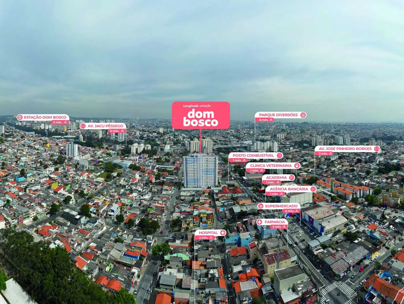 Vista aérea de Itaquera com a localização do Longitude Estação Dom Bosco e os pontos próximos, perspectiva ilustrativa