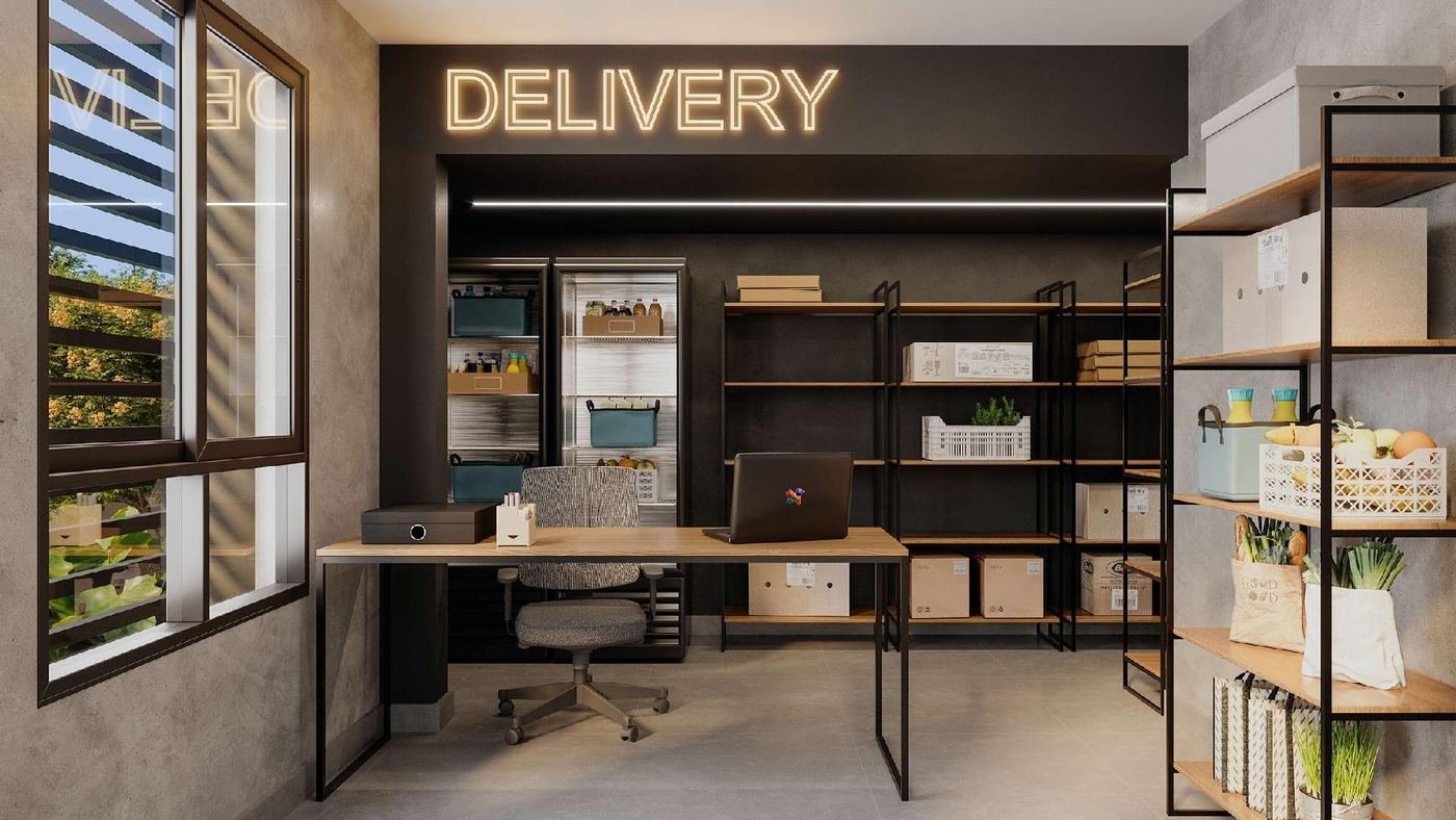 Administração e espaço delivery do Mood Design Vila Carrão — perspectiva ilustrativa