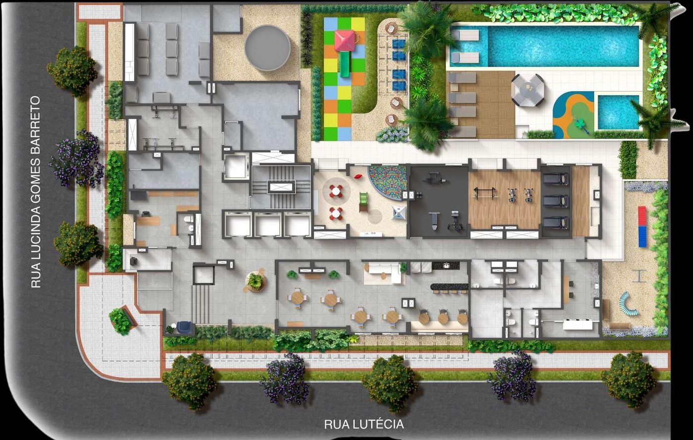 Implantação do térreo do Mood Design Vila Carrão com piscinas, playground e áreas comuns — perspectiva ilustrativa