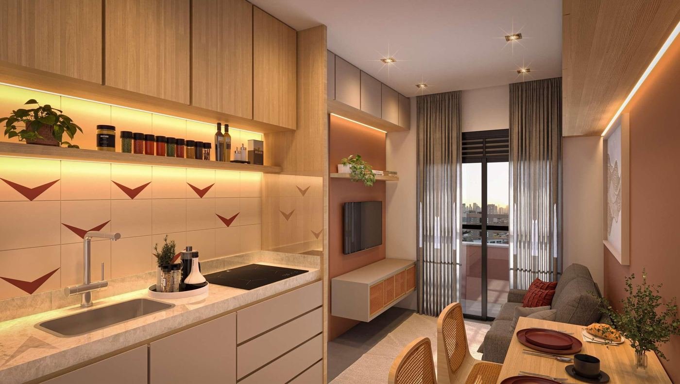 Living decorado do apartamento de 1 dormitório, 27,19 m², Mood Design Vila Carrão — perspectiva ilustrativa