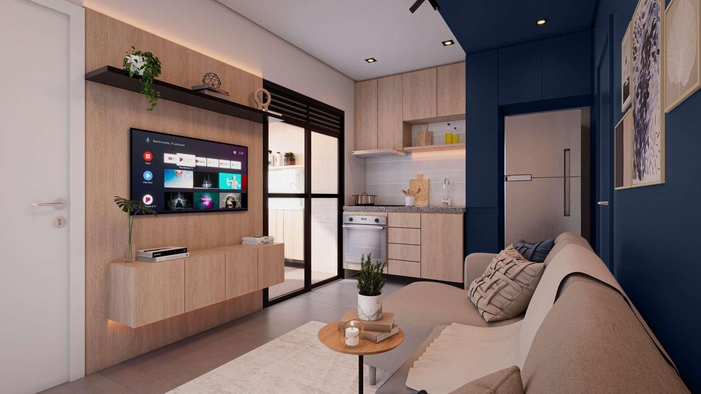 Living decorado do apartamento de 2 dormitórios, 37,44 m², Mood Design Vila Carrão — perspectiva ilustrativa