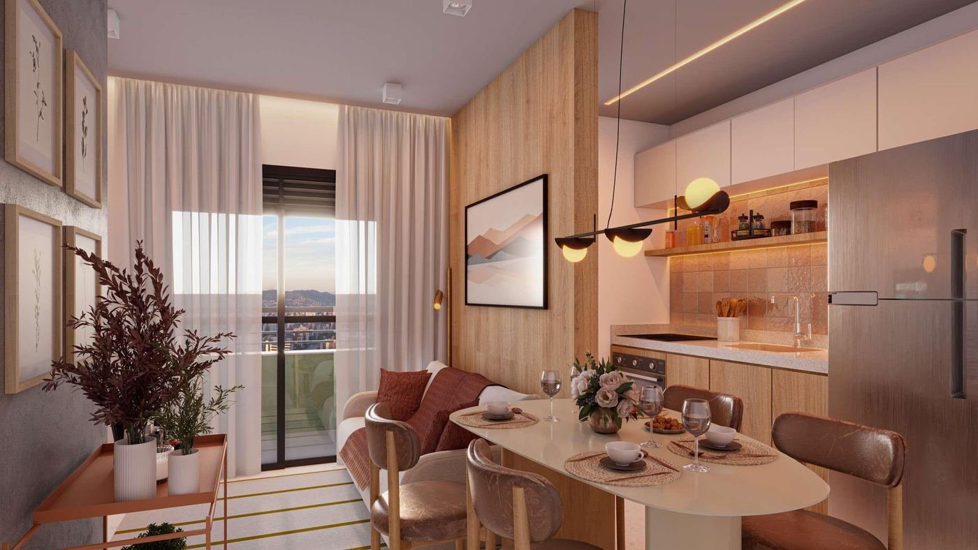 Living decorado do apartamento de 2 dormitórios, 42,45 m², Mood Design Vila Carrão — perspectiva ilustrativa