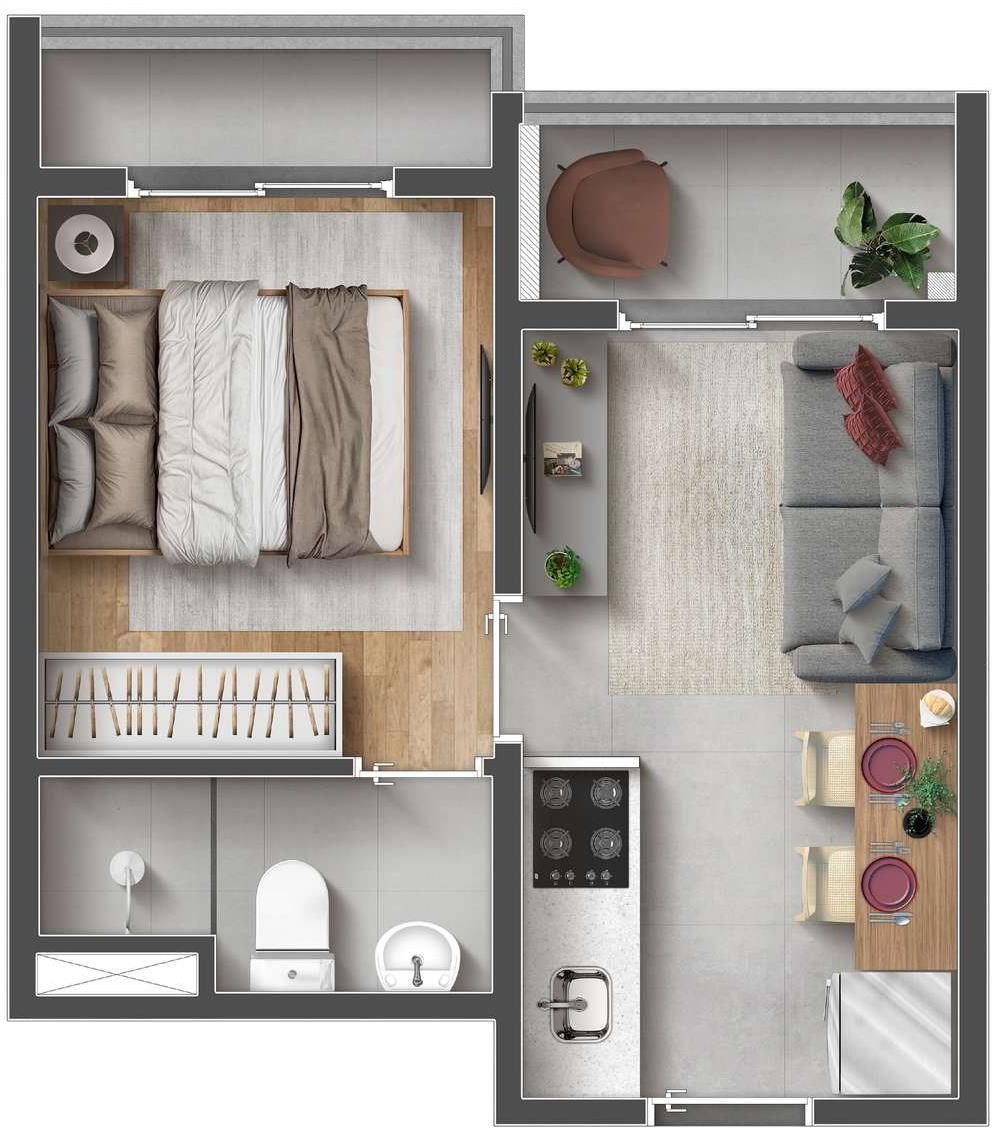 Planta humanizada de 1 dormitório com varanda, 27,19 m², Mood Design Vila Carrão — perspectiva ilustrativa