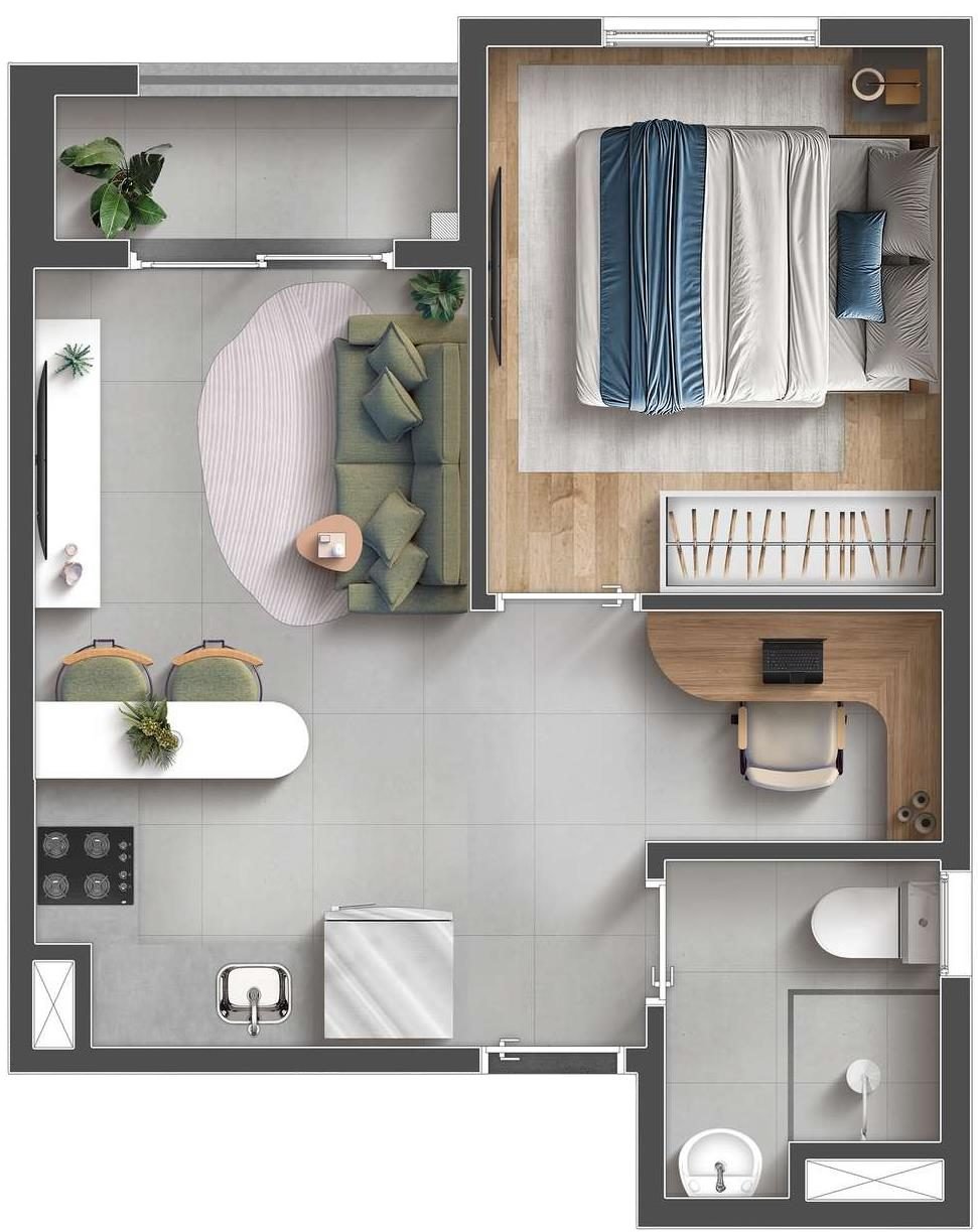 Planta humanizada de 1 dormitório com office e varanda, 29,64 m², Mood Design Vila Carrão — perspectiva ilustrativa