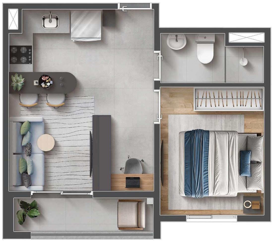 Planta humanizada de 1 dormitório com office e varanda, 30,34 m², Mood Design Vila Carrão — perspectiva ilustrativa