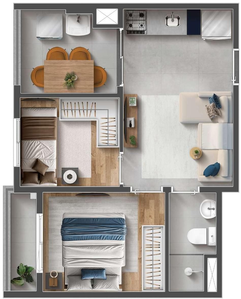 Planta humanizada de 2 dormitórios com varanda, 37,44 m², Mood Design Vila Carrão — perspectiva ilustrativa