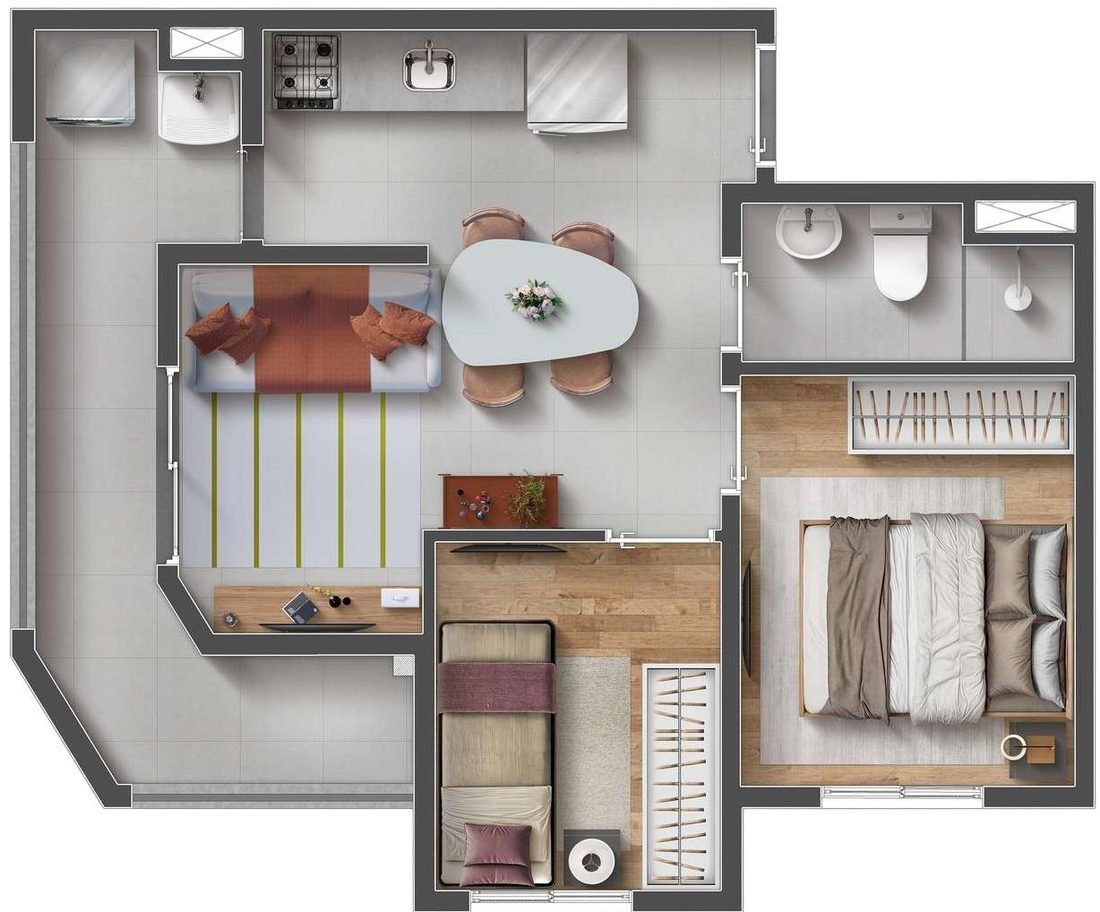Planta humanizada de 2 dormitórios com varanda, 42,45 m², Mood Design Vila Carrão — perspectiva ilustrativa