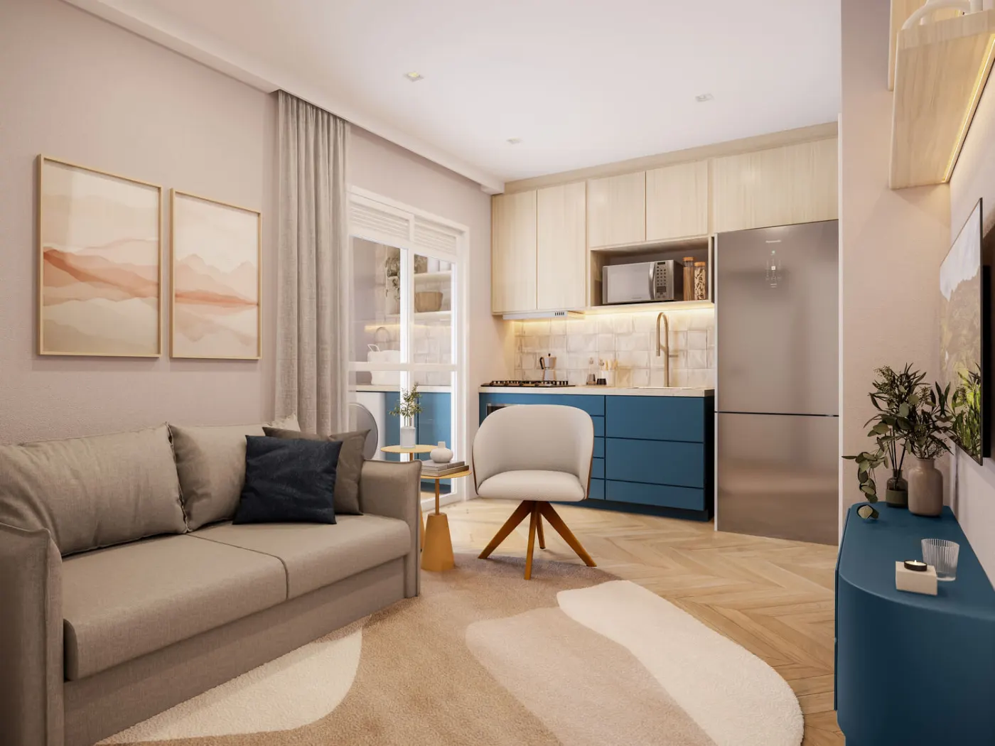 Living · 2 dormitórios 36,76 m² do Mood Sacomã, perspectiva ilustrativa