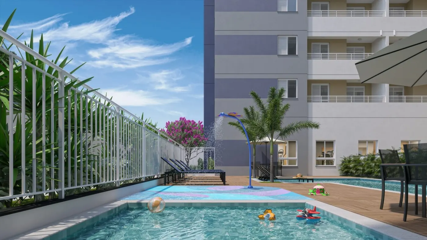 Piscina infantil com acquaplay do Mood Sacomã, perspectiva ilustrativa