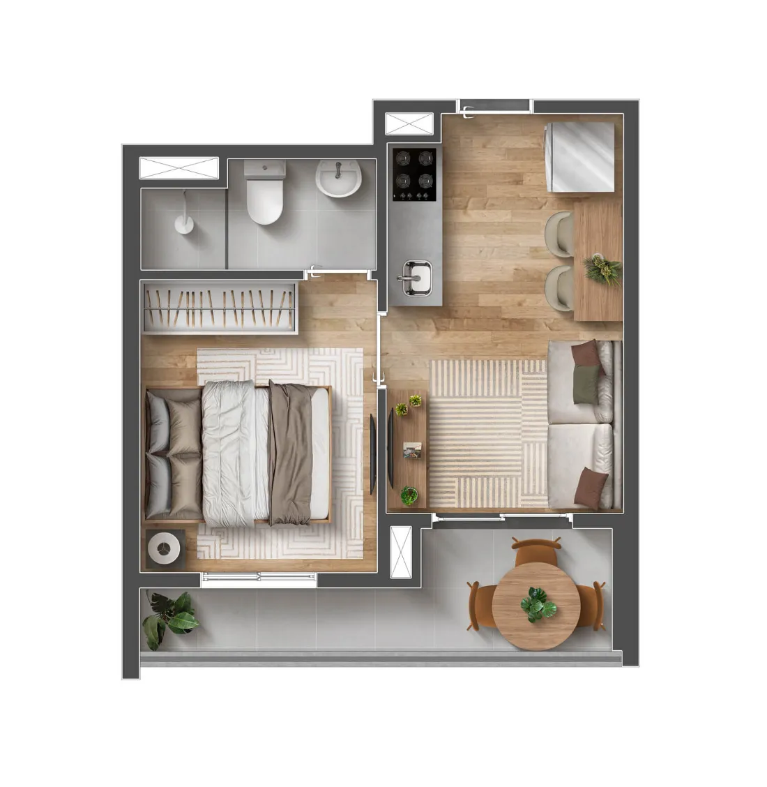 Planta do apartamento de 1 dormitório com varanda com 27,53 m² do Mood Sacomã, perspectiva ilustrativa