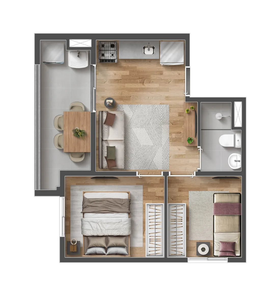 Planta do apartamento de 2 dormitórios com varanda com 36,76 m² do Mood Sacomã, perspectiva ilustrativa