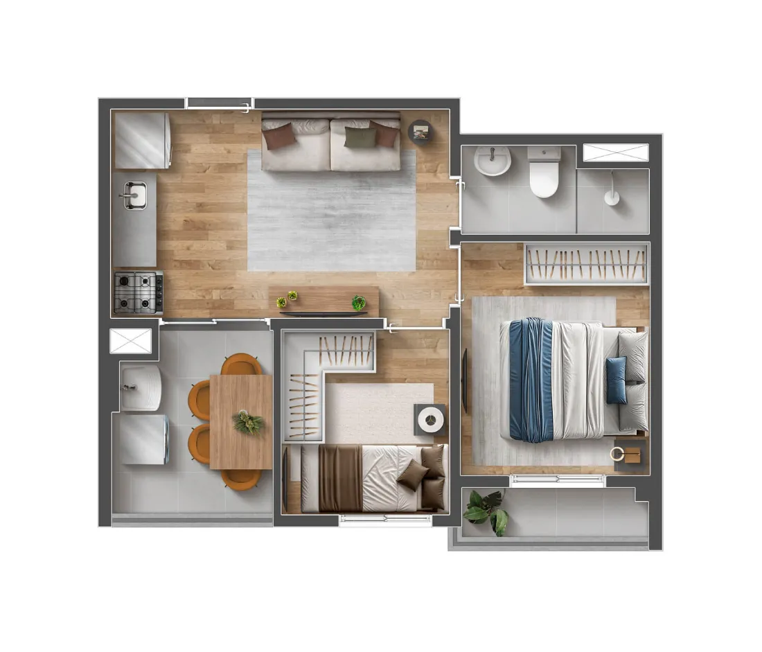 Planta do apartamento de 2 dormitórios com varanda com 37,42 m² do Mood Sacomã, perspectiva ilustrativa