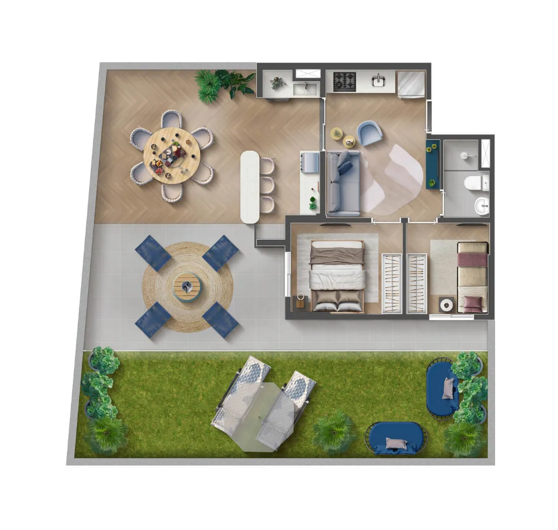 Planta do apartamento de gardens de 1 e 2 dormitórios com 47,66 a 108,61 m² do Mood Sacomã, perspectiva ilustrativa