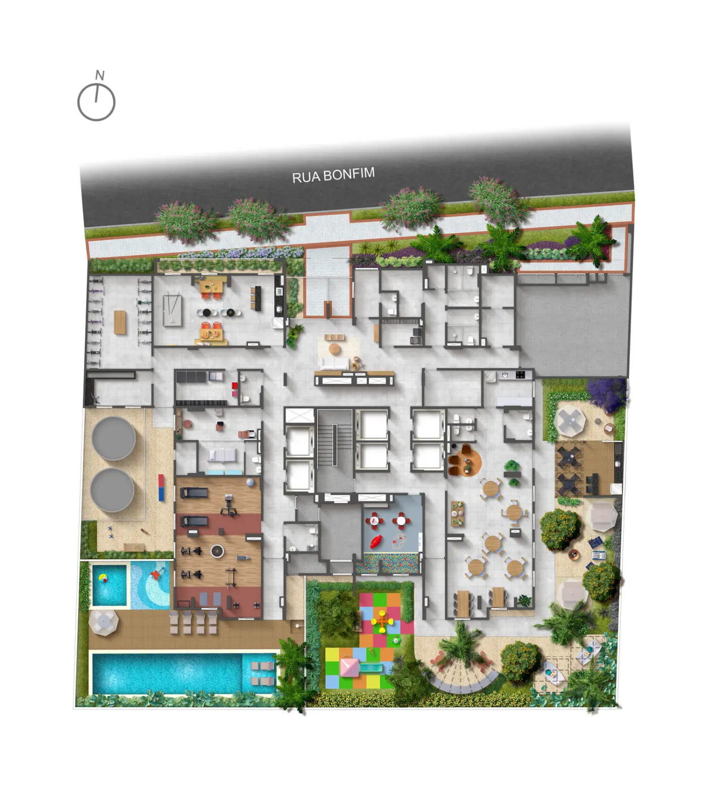 Implantação do térreo do Mood Tatuapé com piscinas, playground e jardins — perspectiva ilustrativa